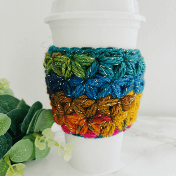 Cozy Cup Warmer with Jasmine Stitch Rainbow